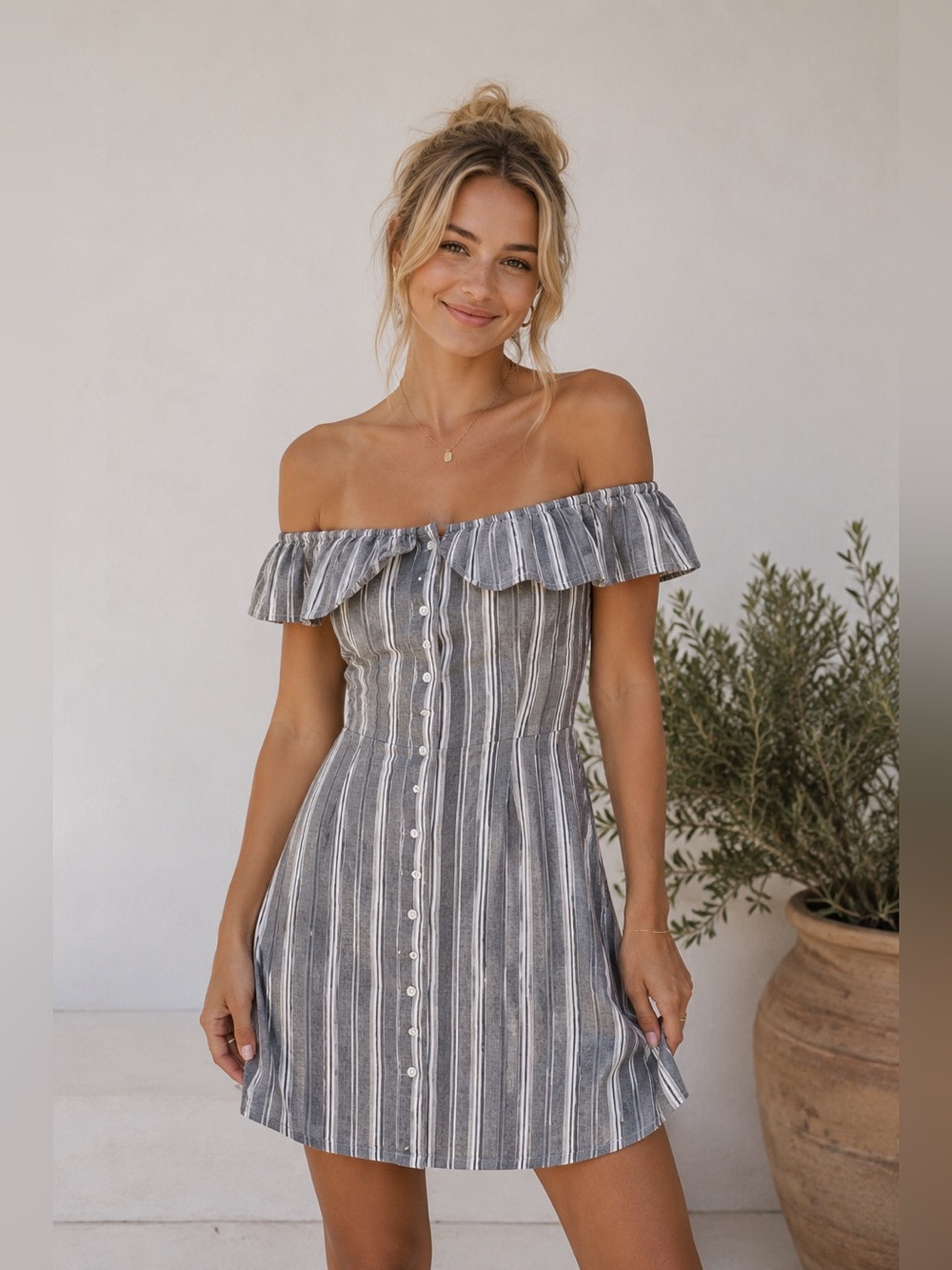 Thread Story Black and White Striped Off-Shoulder A-Line Dress